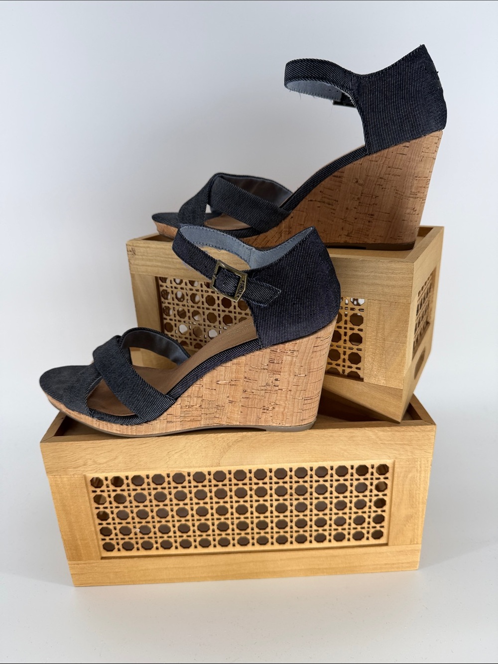 Toms Denim Fabric Cork Wedge Sandals with Ankle Strap